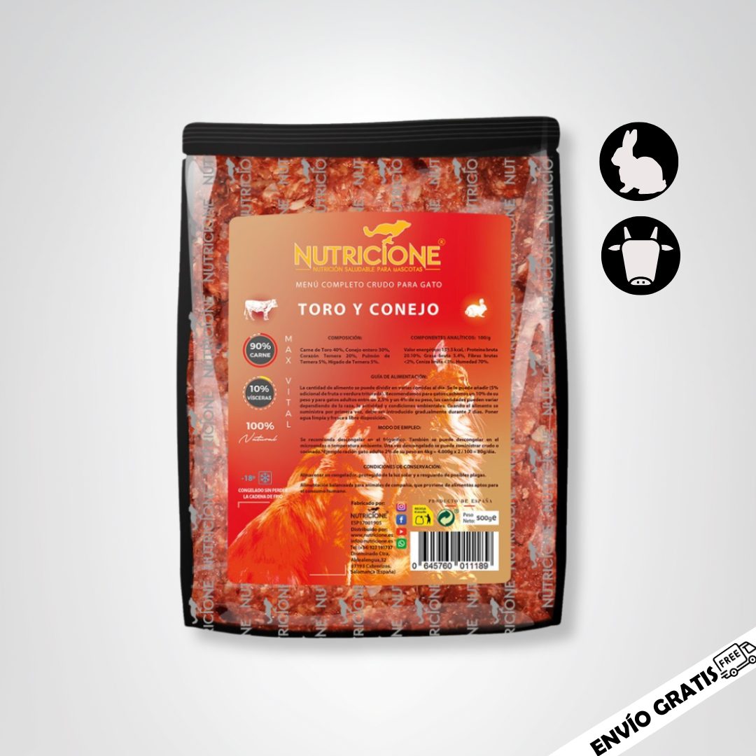 Menú BARF de Toro y Conejo para Gatos